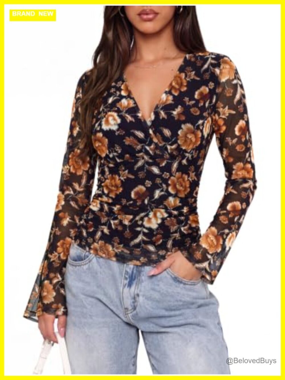 Womens Floral Mesh Wrap Blouse V Neck Long Sleeve Ruched Top
